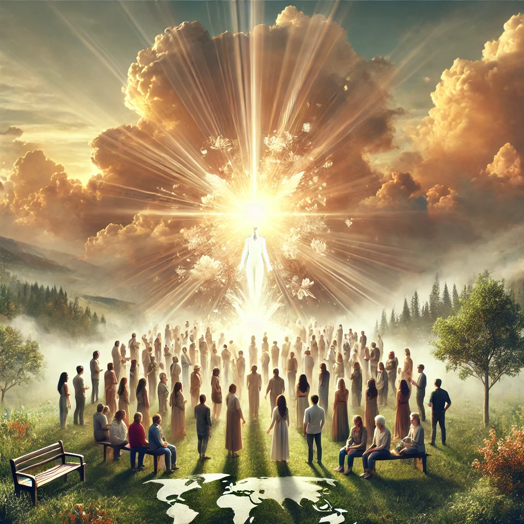 A symbolic depiction of diverse individuals standing in a radiant natural setting, illuminated by heavenly light that represents Christ’s authority and mission.