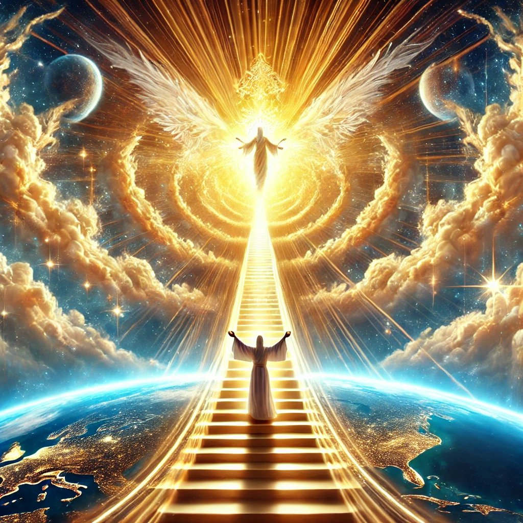 "An inspiring depiction of a glowing staircase of light connecting heaven and earth, with a divine figure in the sky and a person on earth raising their arms in reverence."