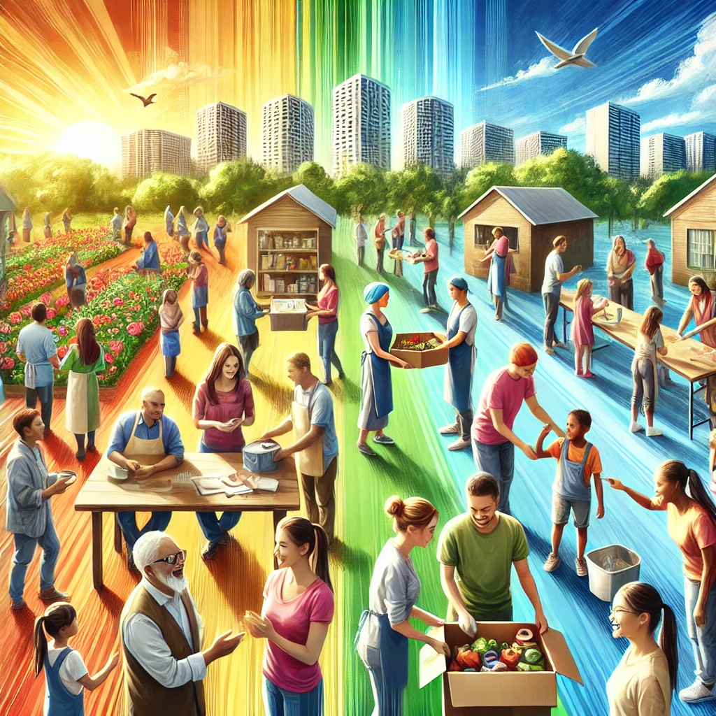 A vibrant depiction of diverse individuals engaging in community service, representing unity and collective impact