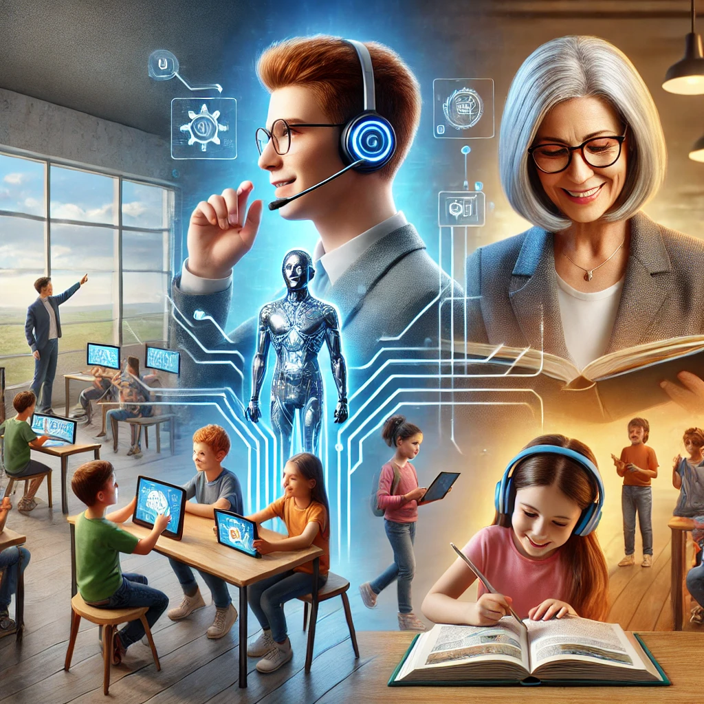 the image representing the three interconnected platforms: adult learners engaging in virtual speech practice, children immersed in an interactive language program, and a mentor guiding both groups, symbolizing the connection between them