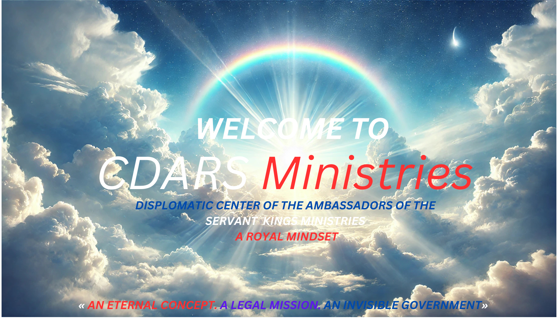 A radiant sky breaks open with light and glory, revealing the welcome to CDARS Ministries — a divine embassy on Earth.