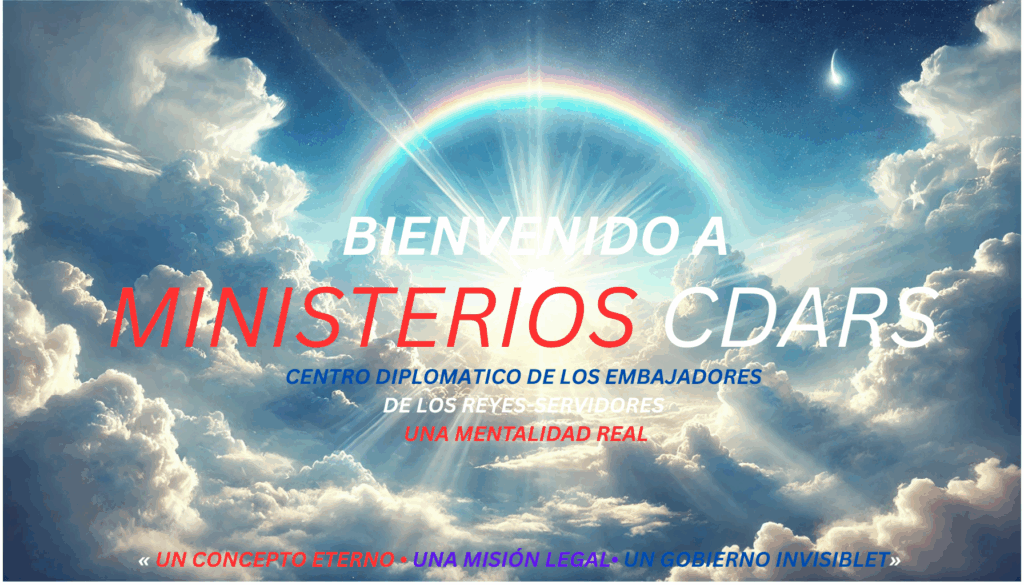 Un cielo radiante se abre con luz y gloria, revelando la bienvenida al Ministerio CDARS — una embajada divina en la Tierra.