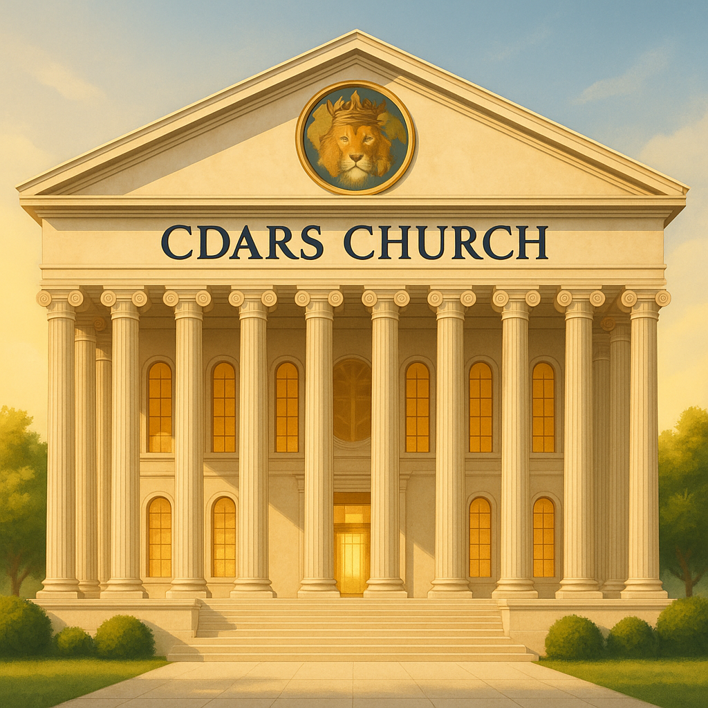 Atmosphere: Every detail breathes with celestial precision — golden light cascading through polished columns, a lion’s gaze affirming dominion, and the surrounding air whispering of consecration and calling. It is not merely a church; it is a royal embassy, a place where faith meets governance, and worship becomes legislation in the language of eternity.